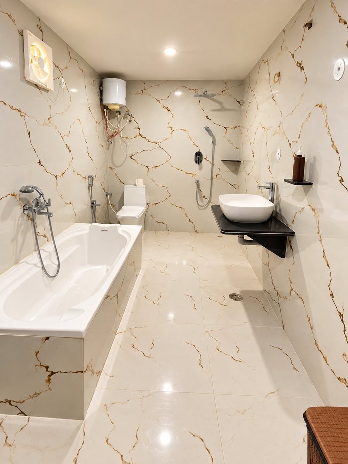 En-suite bathroom in a larger Premium room, with bathtub and rain shower