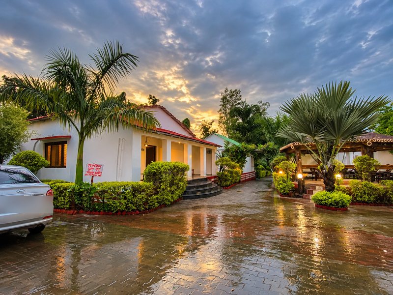 Cottage frontage and clipped hedges under an orange evening sky