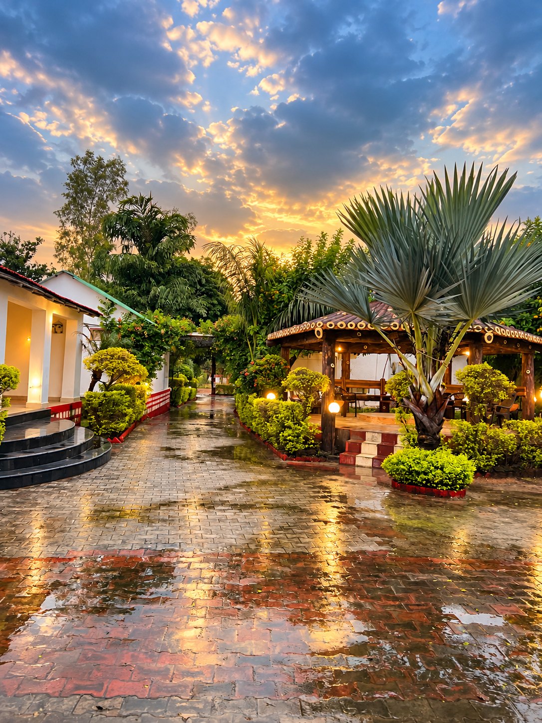 Stone path through the resort gardens — start of a nature walk