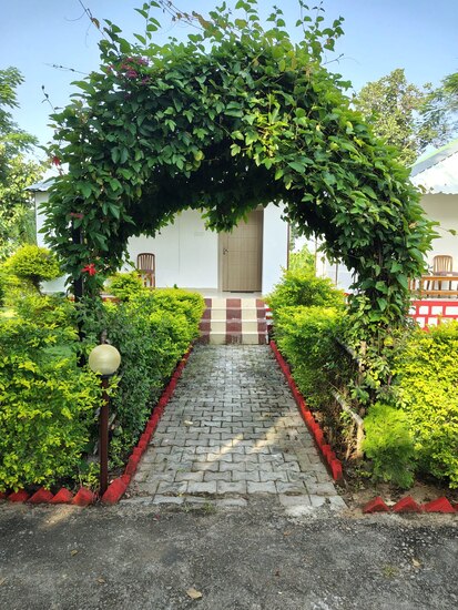 Stone path through the resort gardens — start of a nature walk